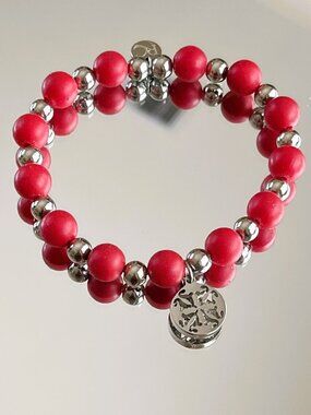 Rustic Cuff Stainless  Red Silicone Beaded Stretch Bracelet